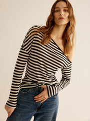 Asymmetrical Collar Striped T-Shirt