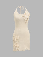 3D Flower Halter Crochet Knit Mini Dress