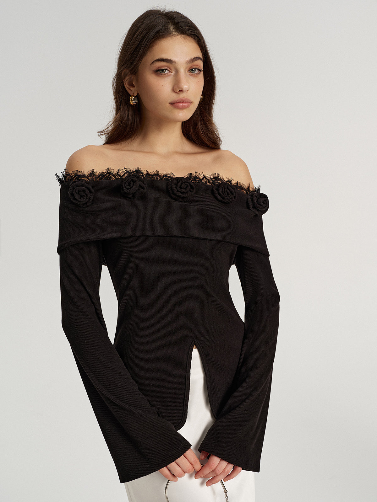 3D Rose Lace Trim Off-Shoulder Top