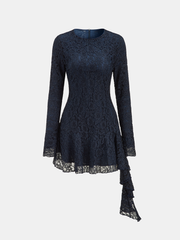 Asymmetric Ruffled Lace Long-Sleeve Dress