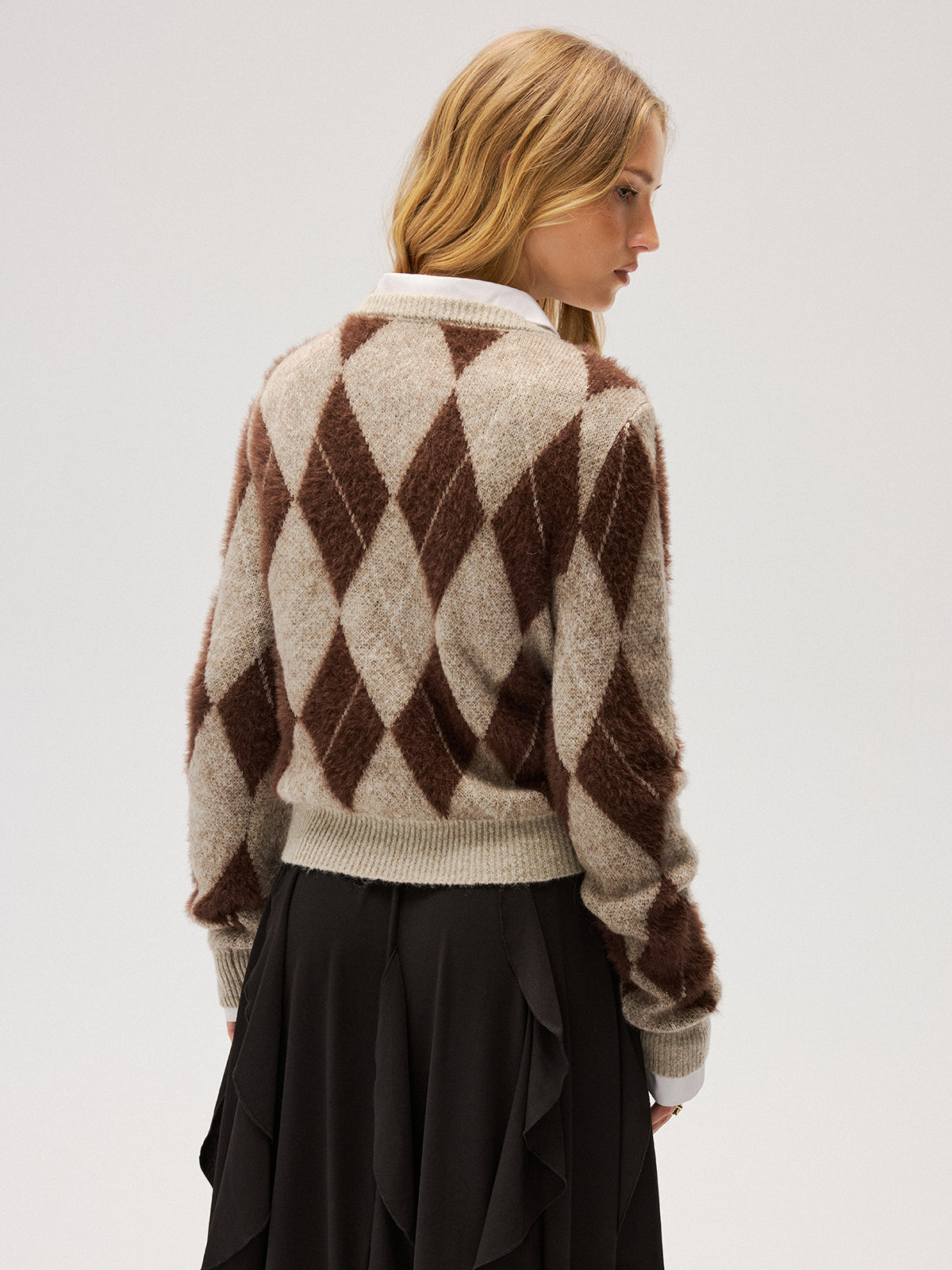Argyle Pattern Wool Blend Fuzzy Sweater