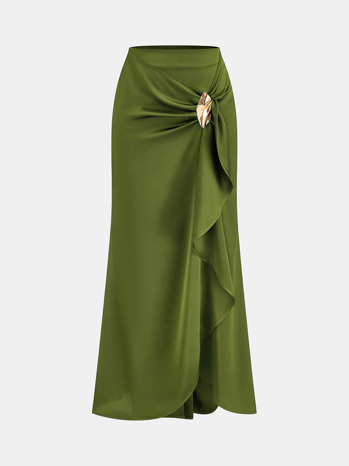 Asymmetric Ruffle Metal Detail Satin Maxi Skirt