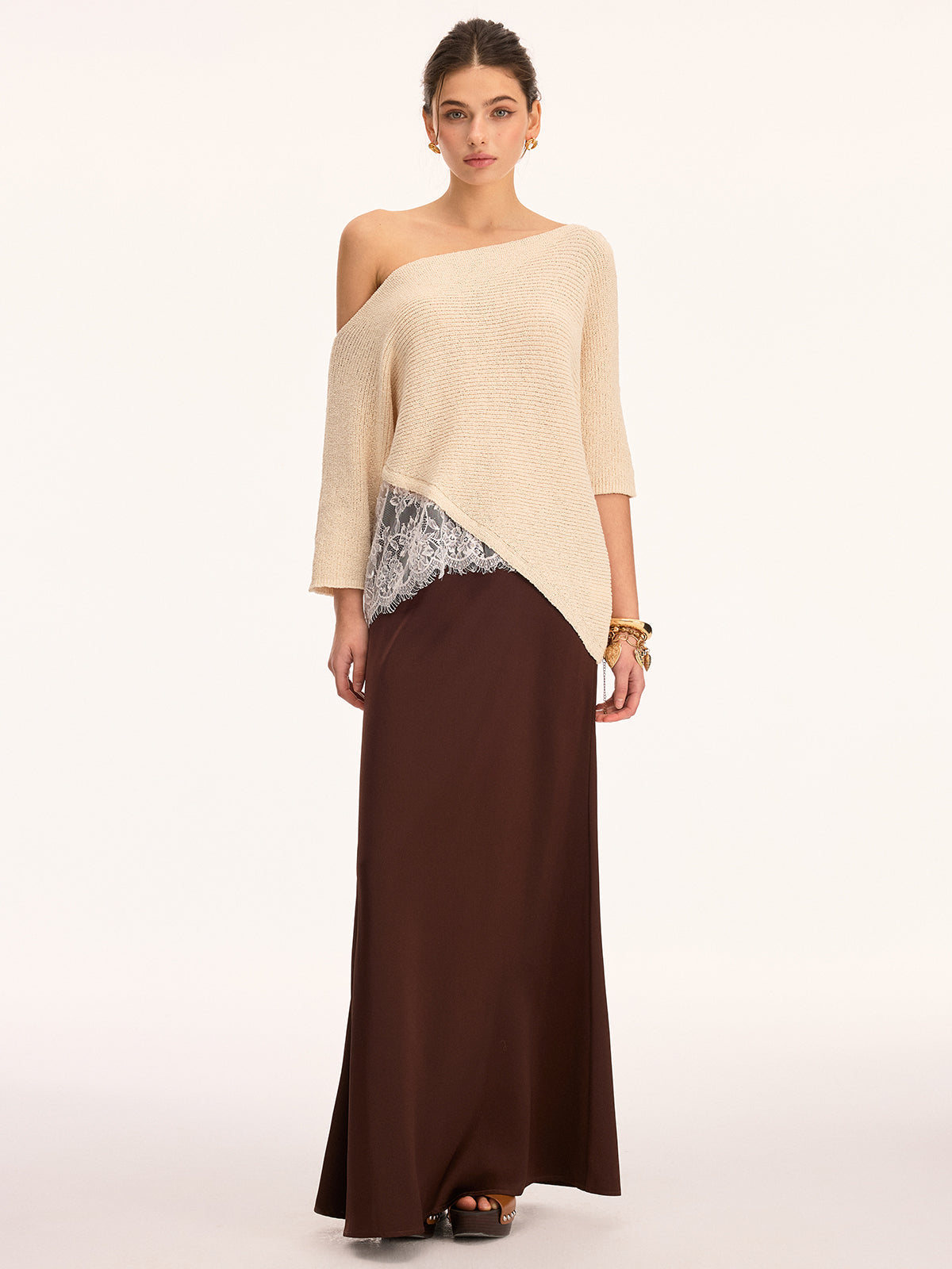 Asymmetrical Lace Trim Boat Neck Knit Top