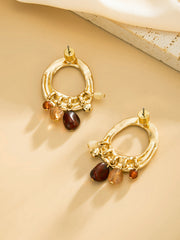 Amber Bead Tassel Hammered Hoop Earrings