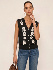 3D Floral Embroidered V-Neck Knit Vest