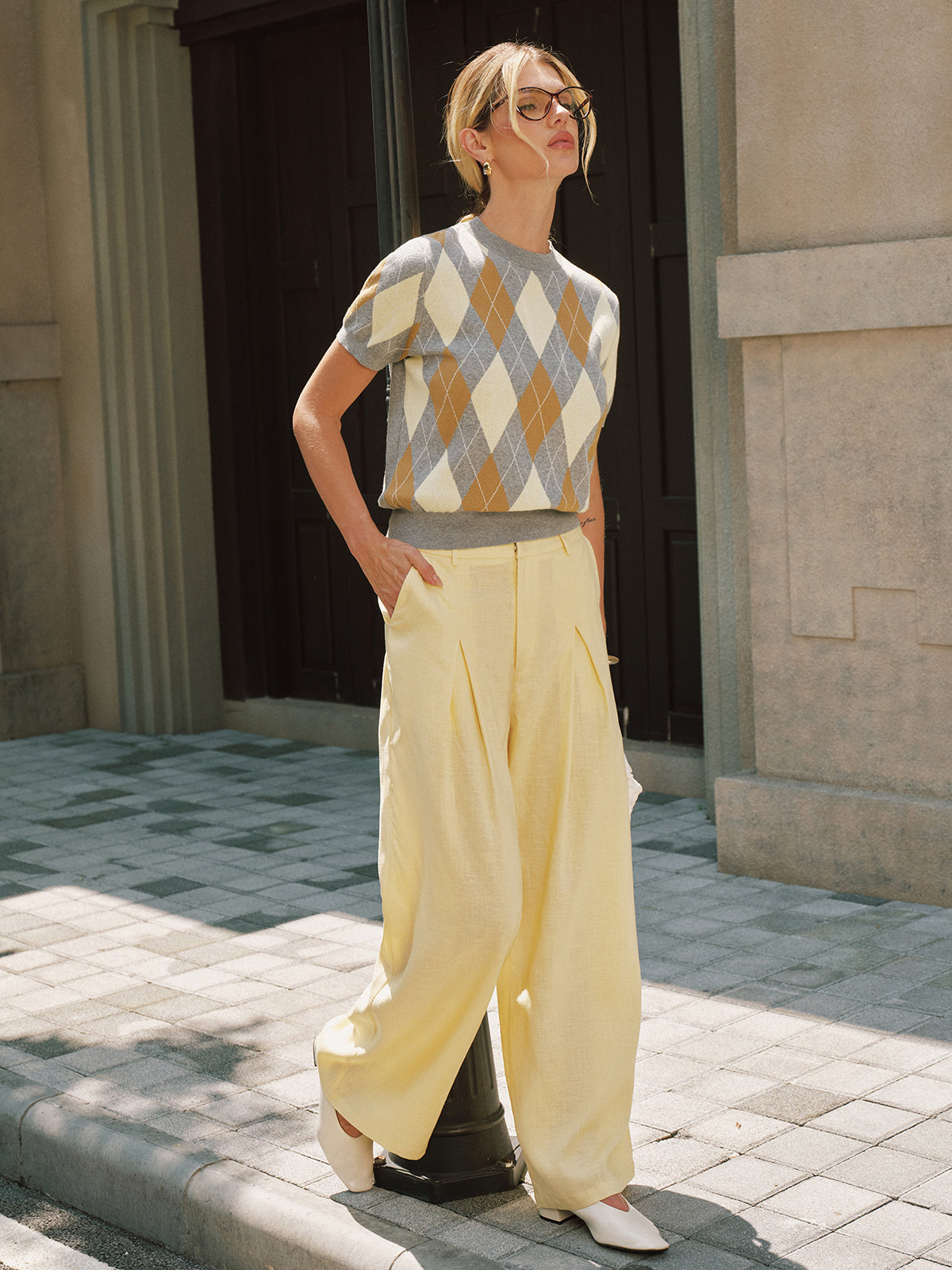 Argyle Short Sleeve Knit Sweater