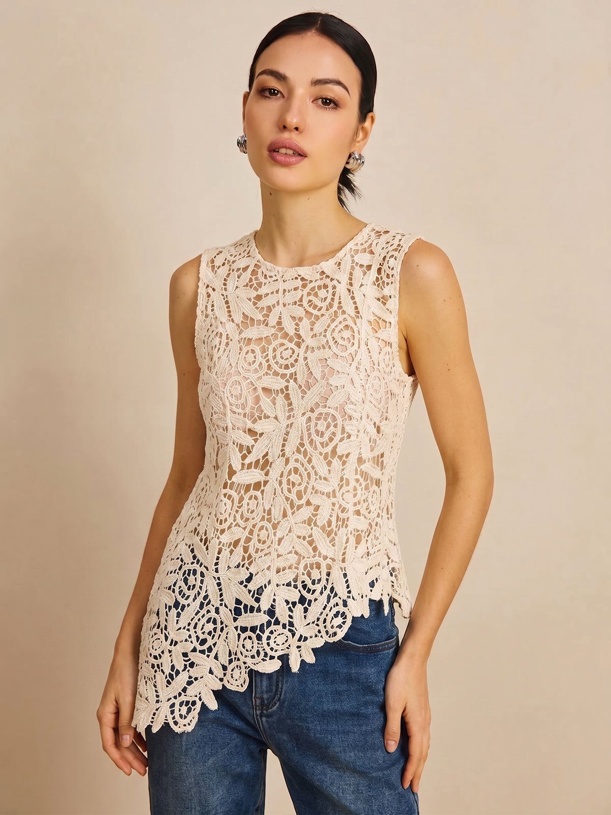 Asymmetric Crochet Lace Sleeveless Top