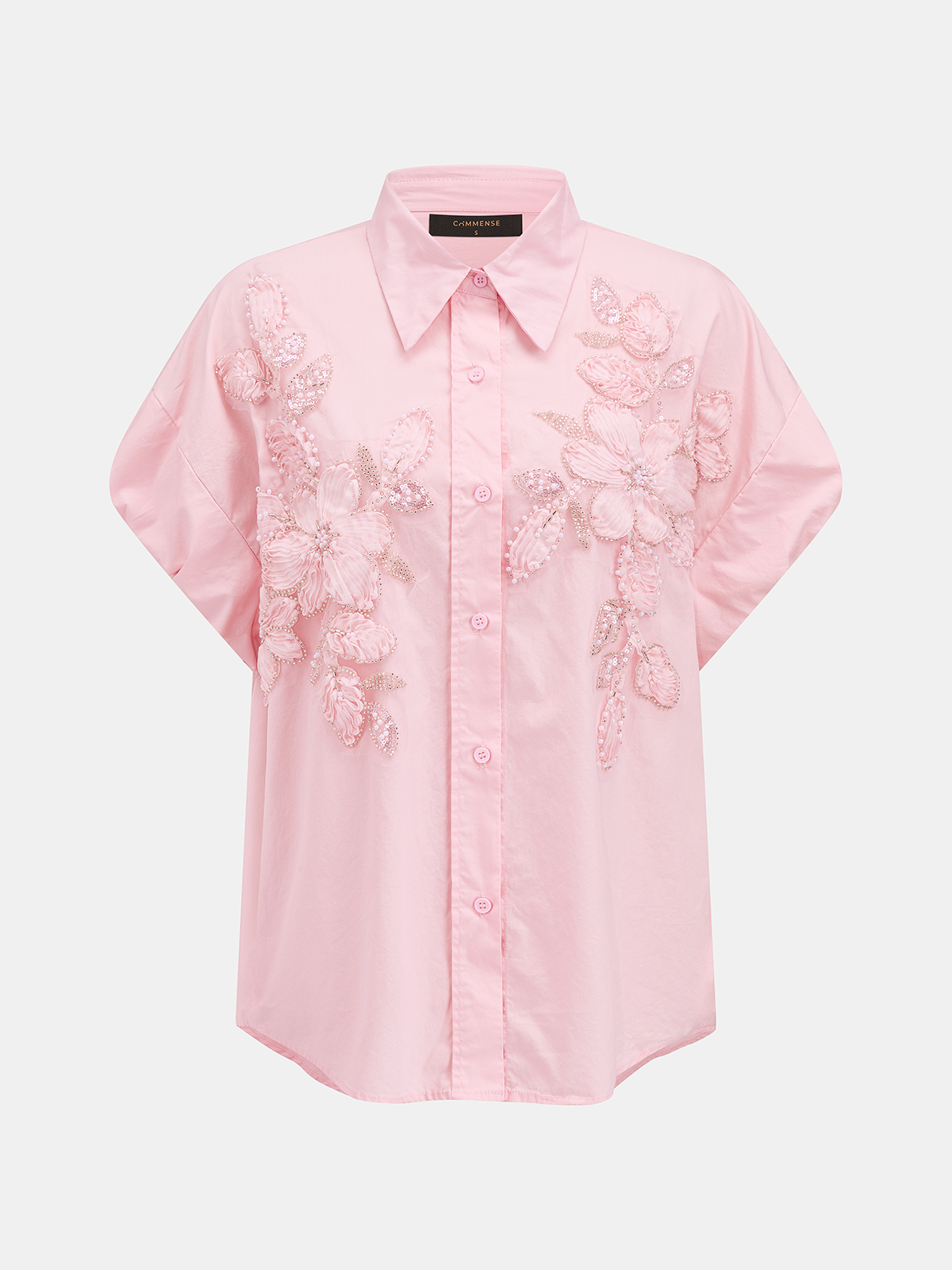 3D Floral Beaded Short Sleeve Cotton Shirt