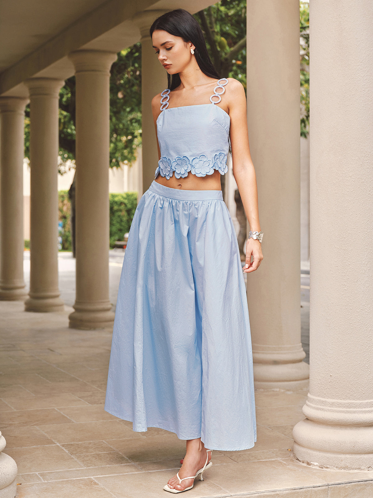 3D Flower Ring Strap Top & Pocketed Skirt Set
