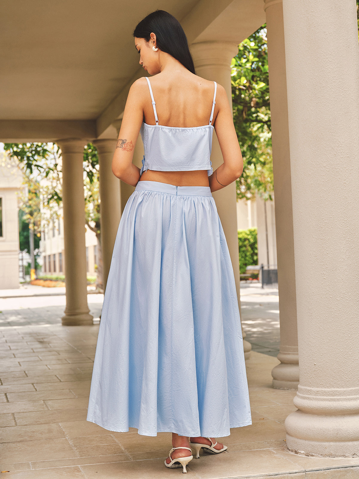 3D Flower Ring Strap Top & Pocketed Skirt Set