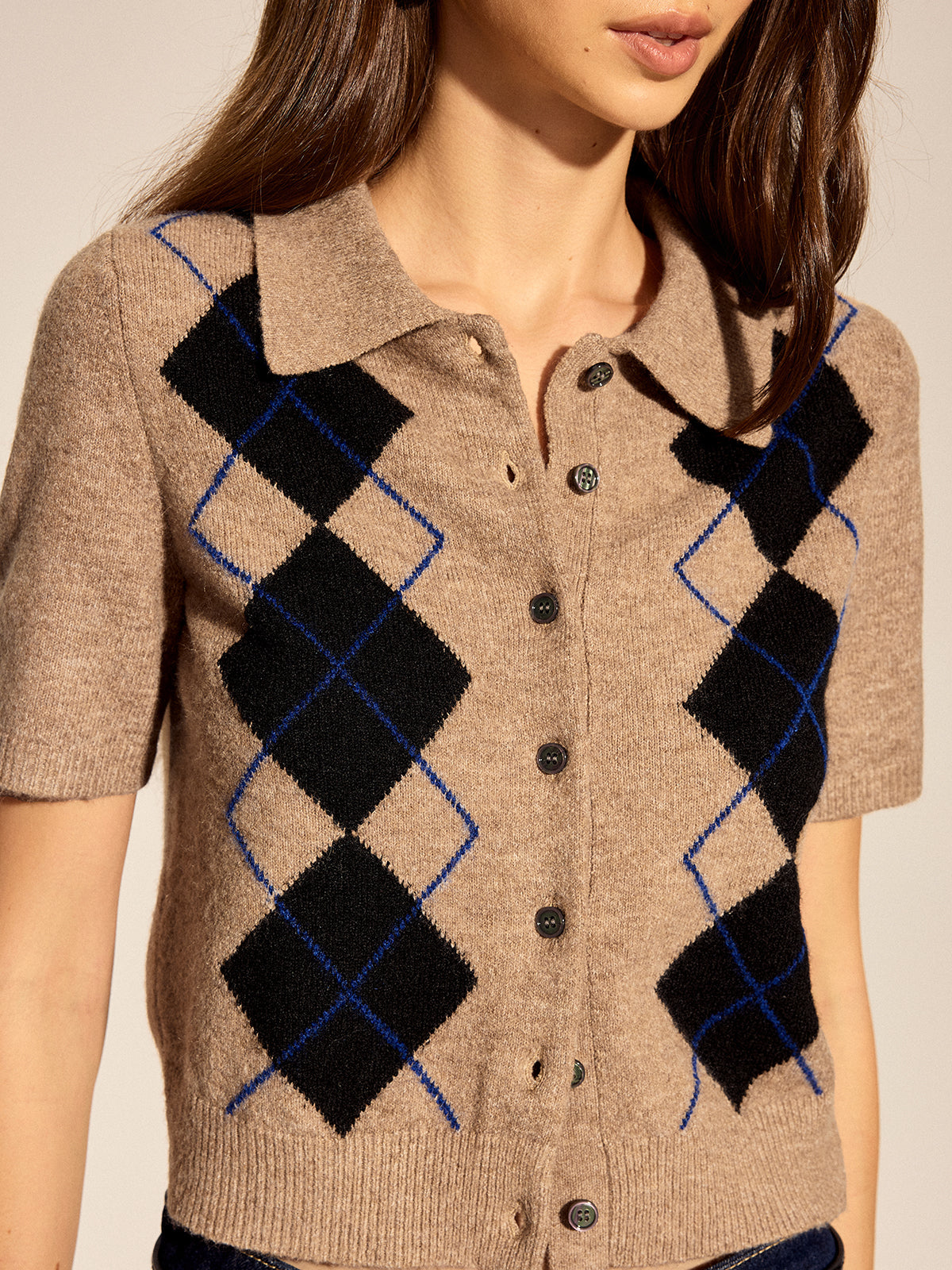 Argyle Short Sleeve Collared Knit Cardigan
